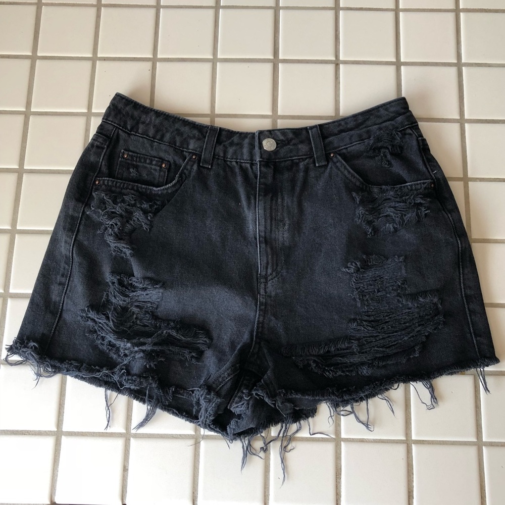 Topshop Washed Black Ripped Denim Shorts